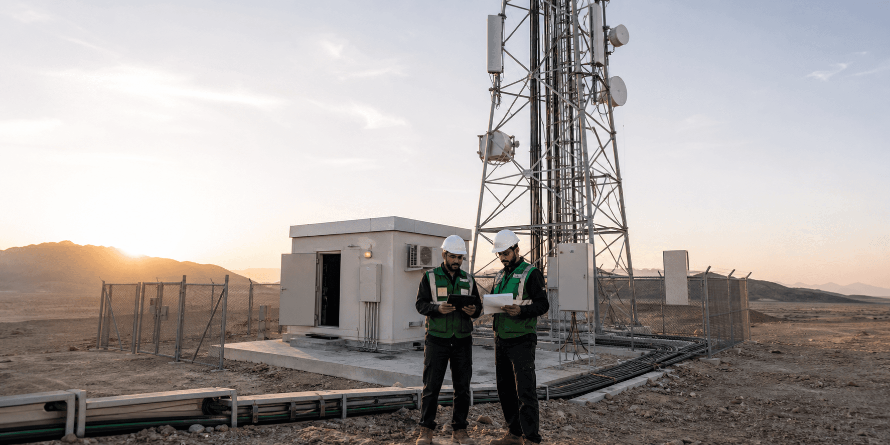 مهندسان يفحصان موقع برج اتصالات وغرفة معدات فنية